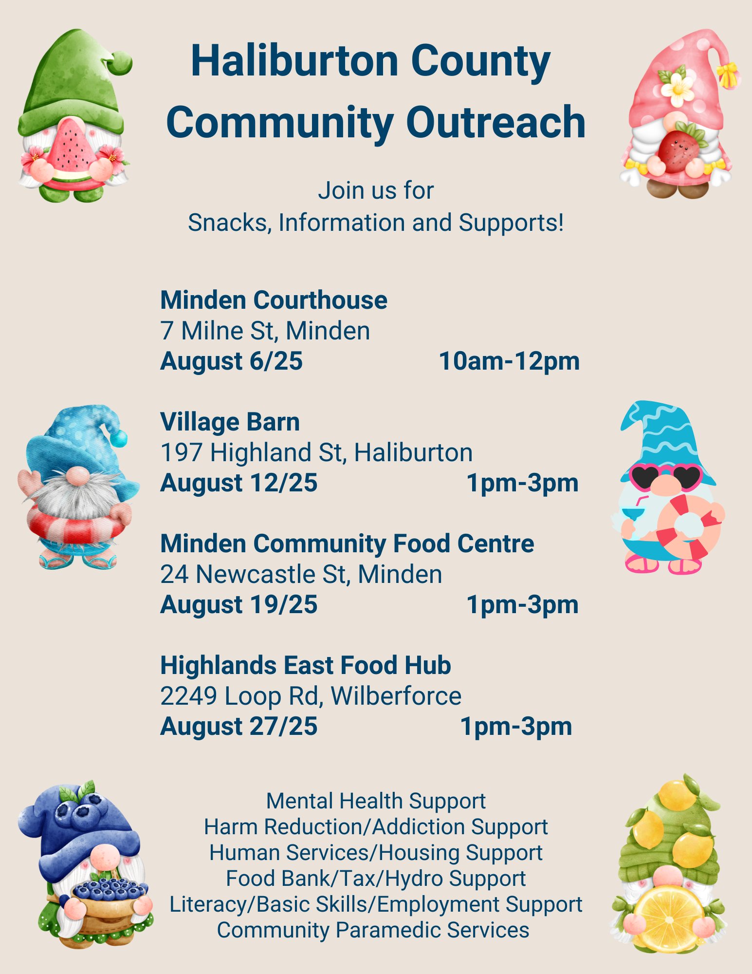A poster describing the dates of Community Outreach in Haliburton County.