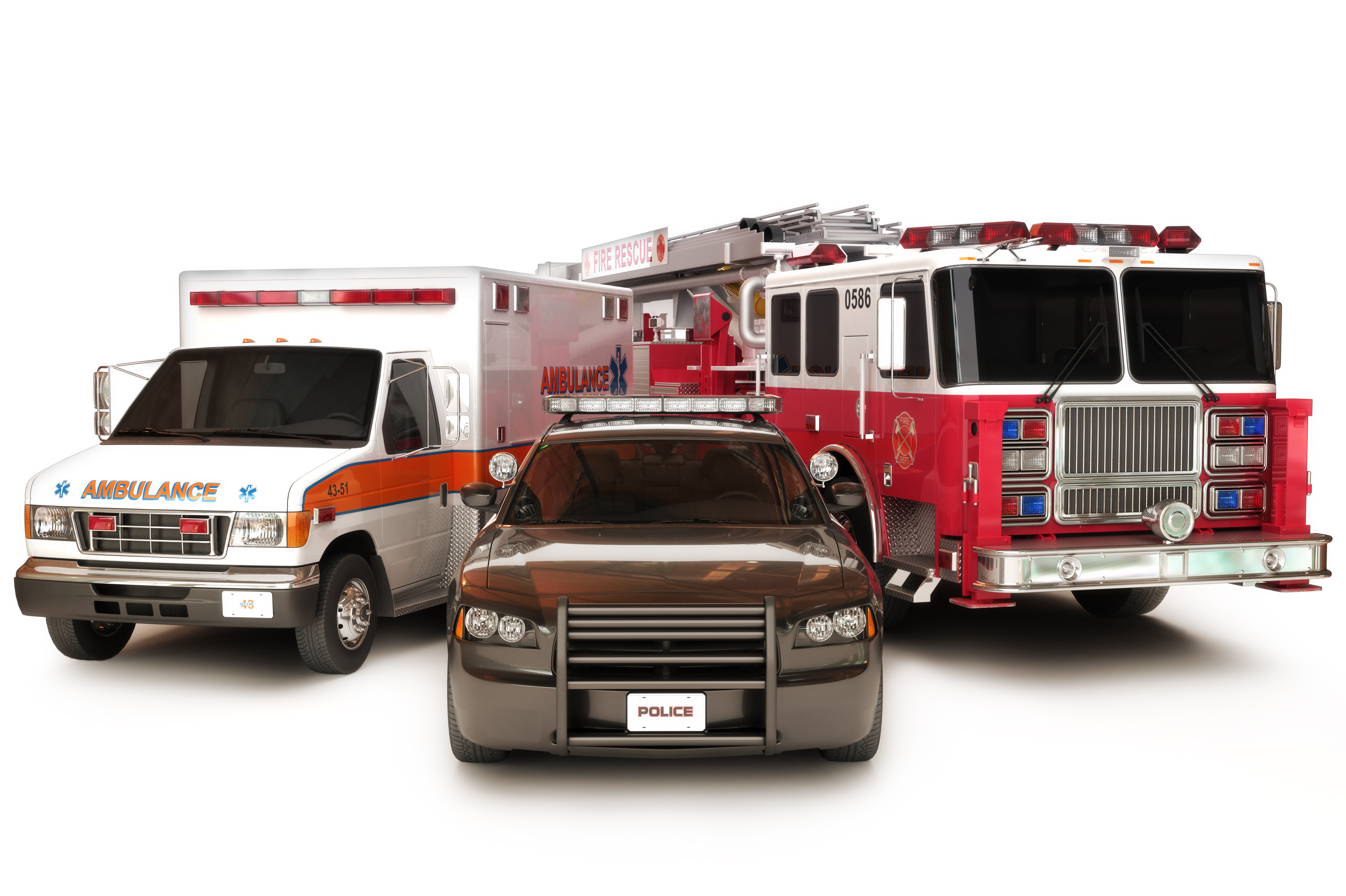 An image of firetruck, ambulance, and police car.