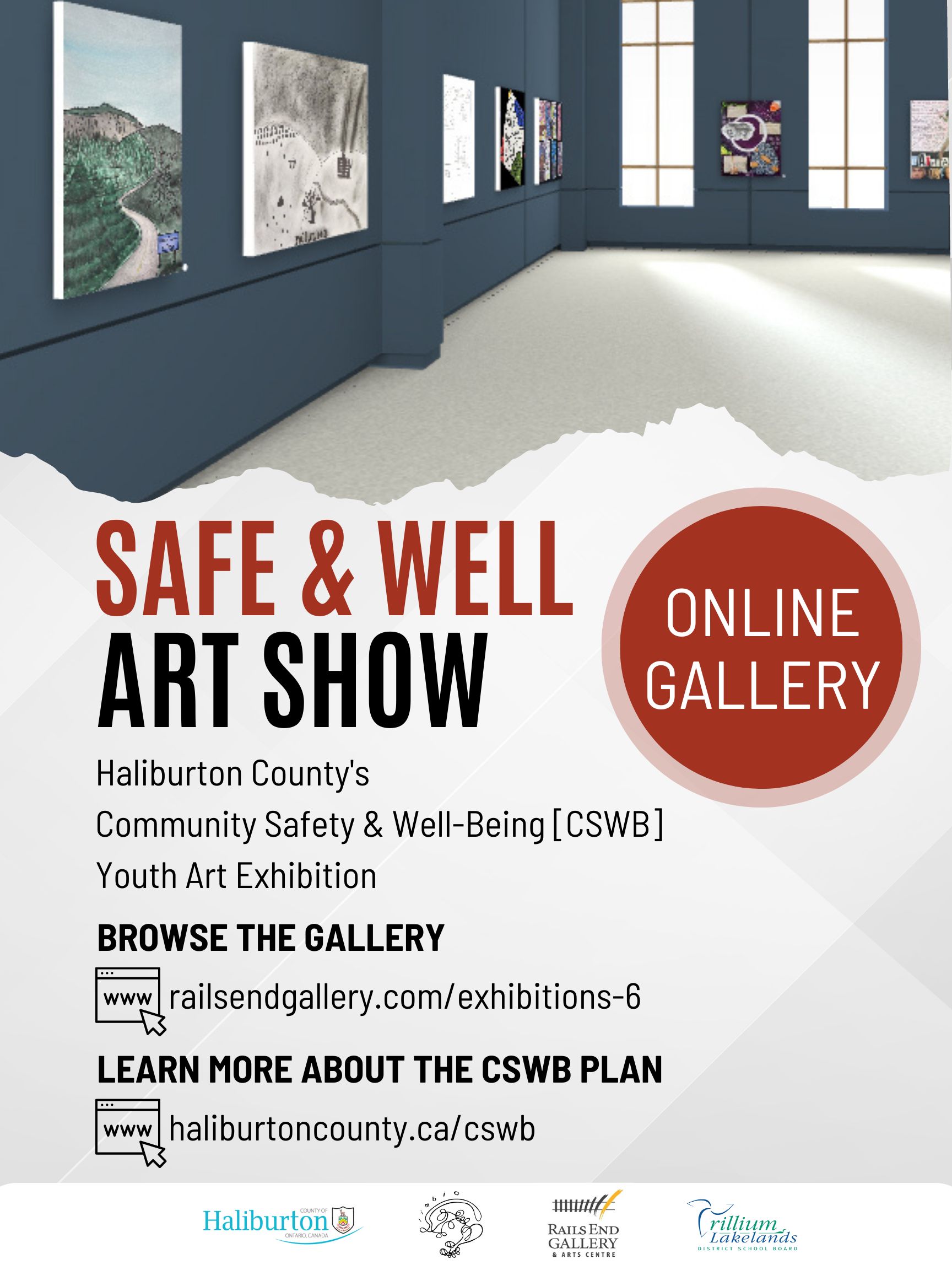 Haliburton County's CSWB Youth Art online show promotional poster noting the show is open, and the Rails End Gallery link (included below this image in text) to access it