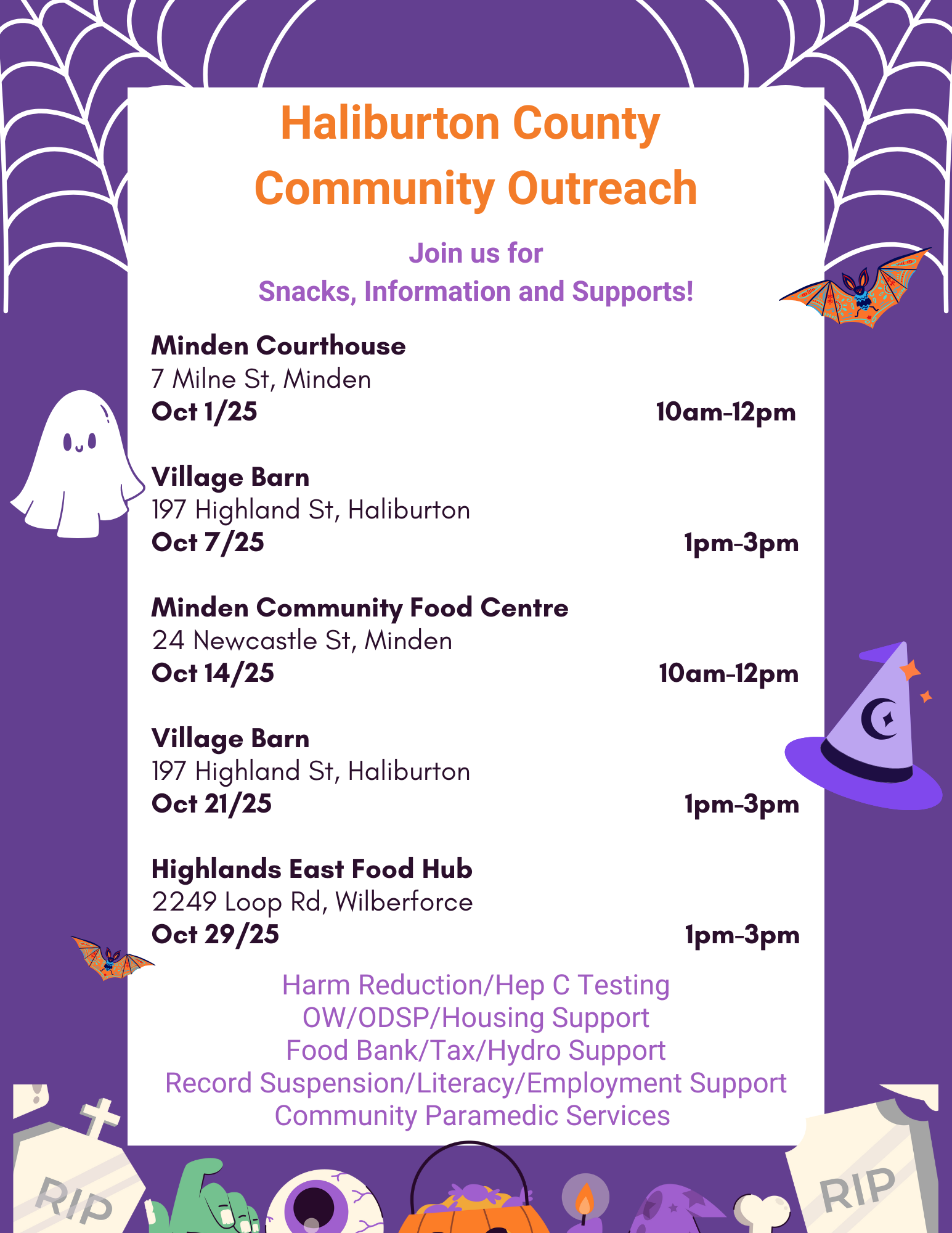 Haliburton County October 2025 outreach dates. For more info please contact cswb@haliburtoncounty.ca
