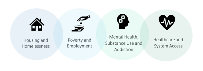 Four icons representing four priorities: Housing and Homelessness; Poverty and Employment; Mental Health, Substance Use and Addiction and Healthcare and System Access 