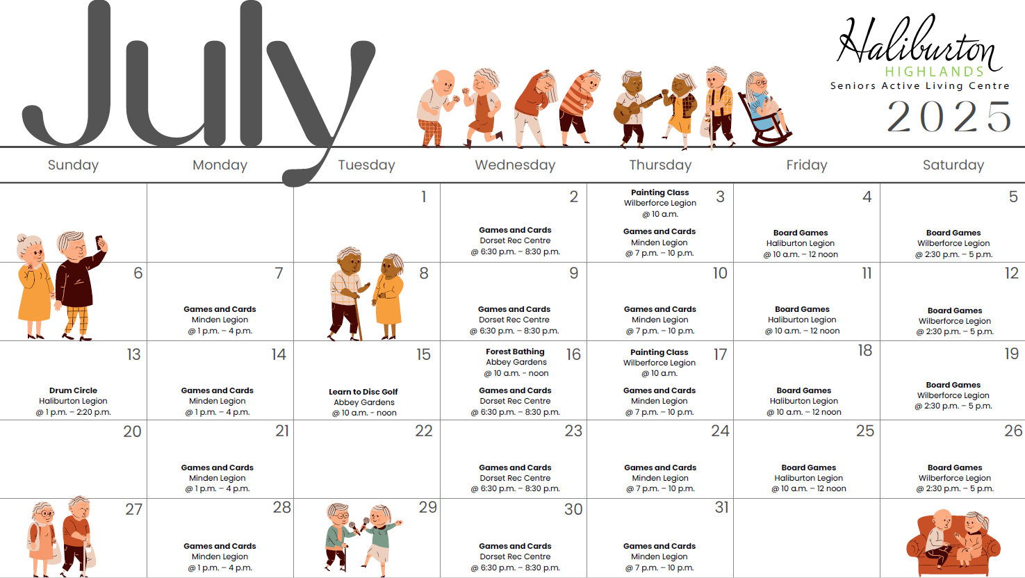 July 2025 Seniors Active Living Centre calendar. A downloadable version is available on this page. For another accessible version, please contact accessibility@haliburtoncounty.ca