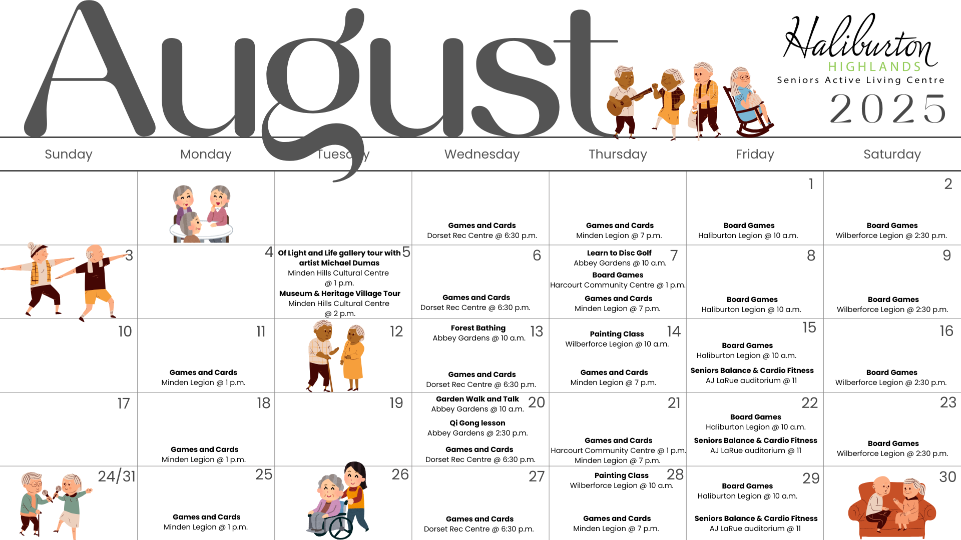 August 2025 calendar details SALC programs. For accessibility needs please contact accessibility@haliburtoncounty.ca