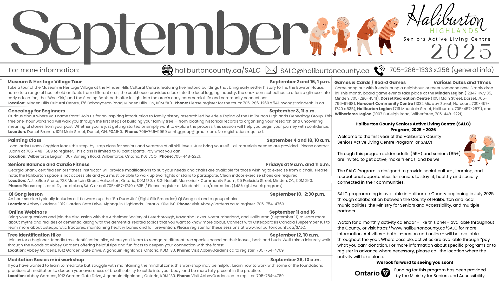 September 2025 Calendar for the Seniors Active Living Centre. Please call 705-286-1333 x.256 if you require assistance.