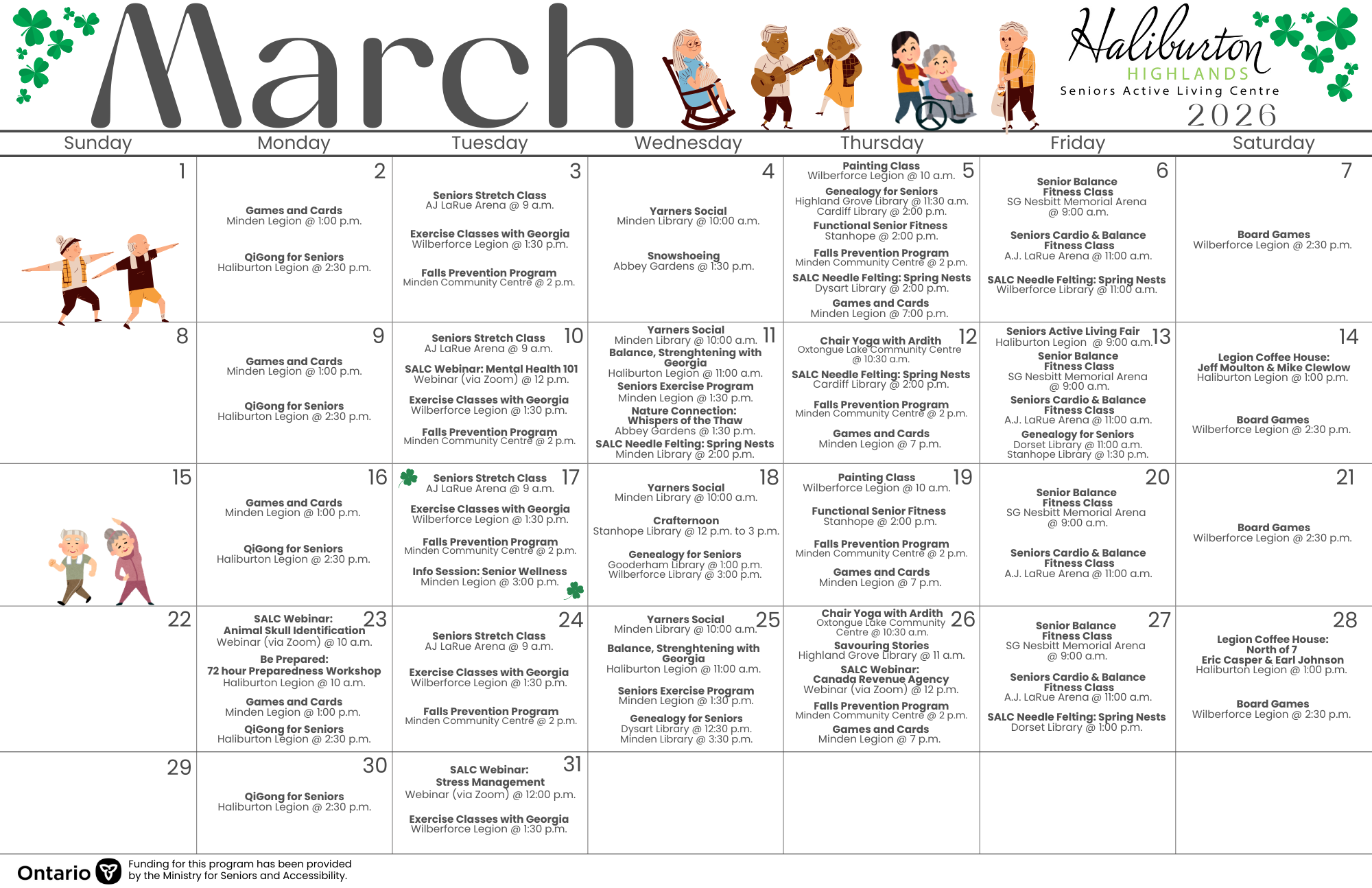 March 2026 SALC Calendar March 2026 Calendar for the Seniors Active Living Centre. Please call 705-286-1333 x.256 if you require assistance.