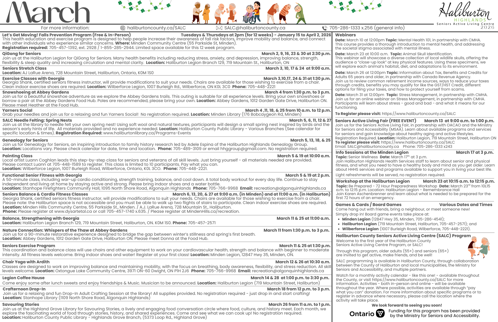 March 2026 SALC Calendar - page 2 March 2026 Calendar for the Seniors Active Living Centre. Please call 705-286-1333 x.256 if you require assistance.