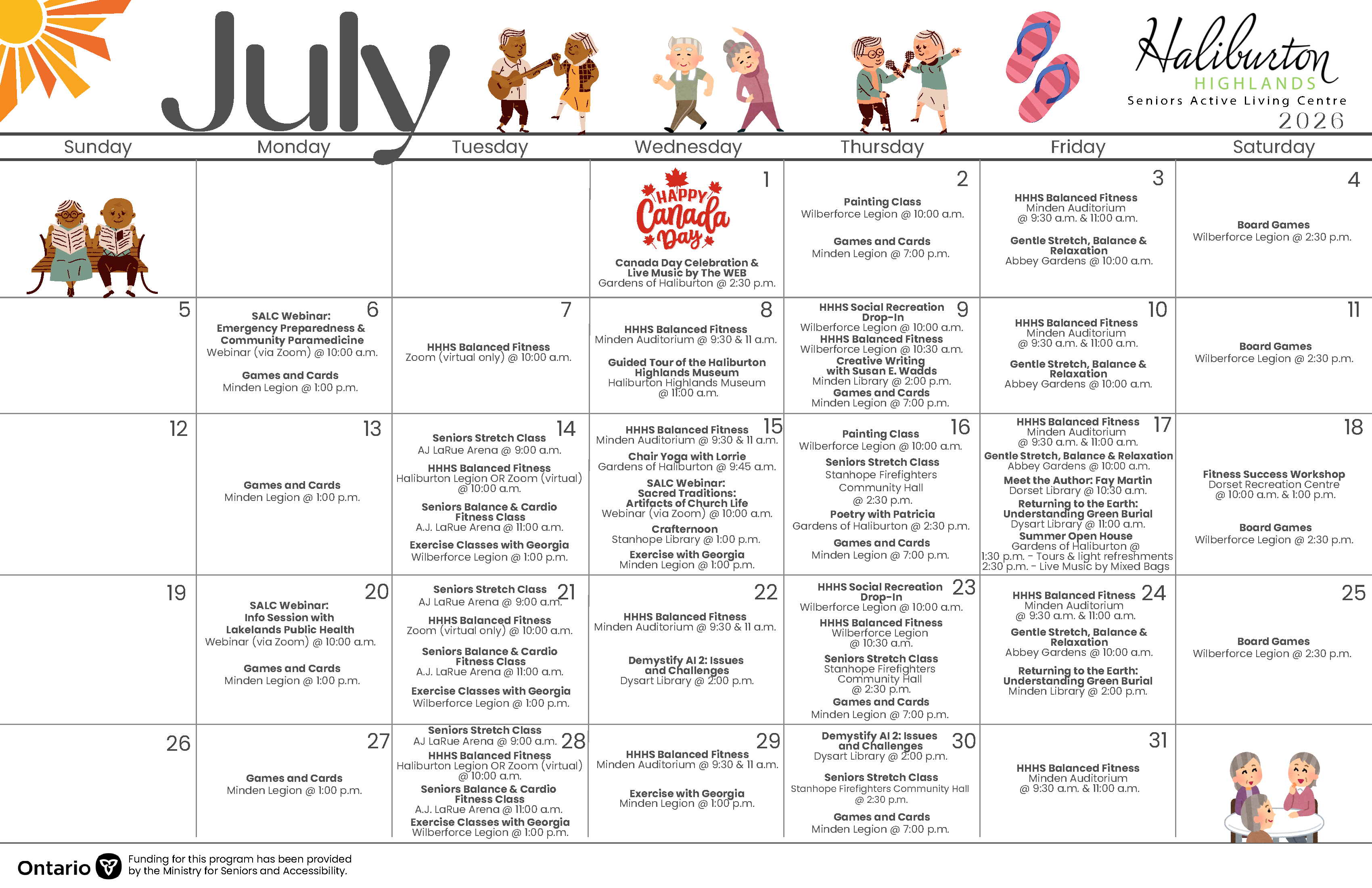 July 2026 Seniors Active Living Centre calendar