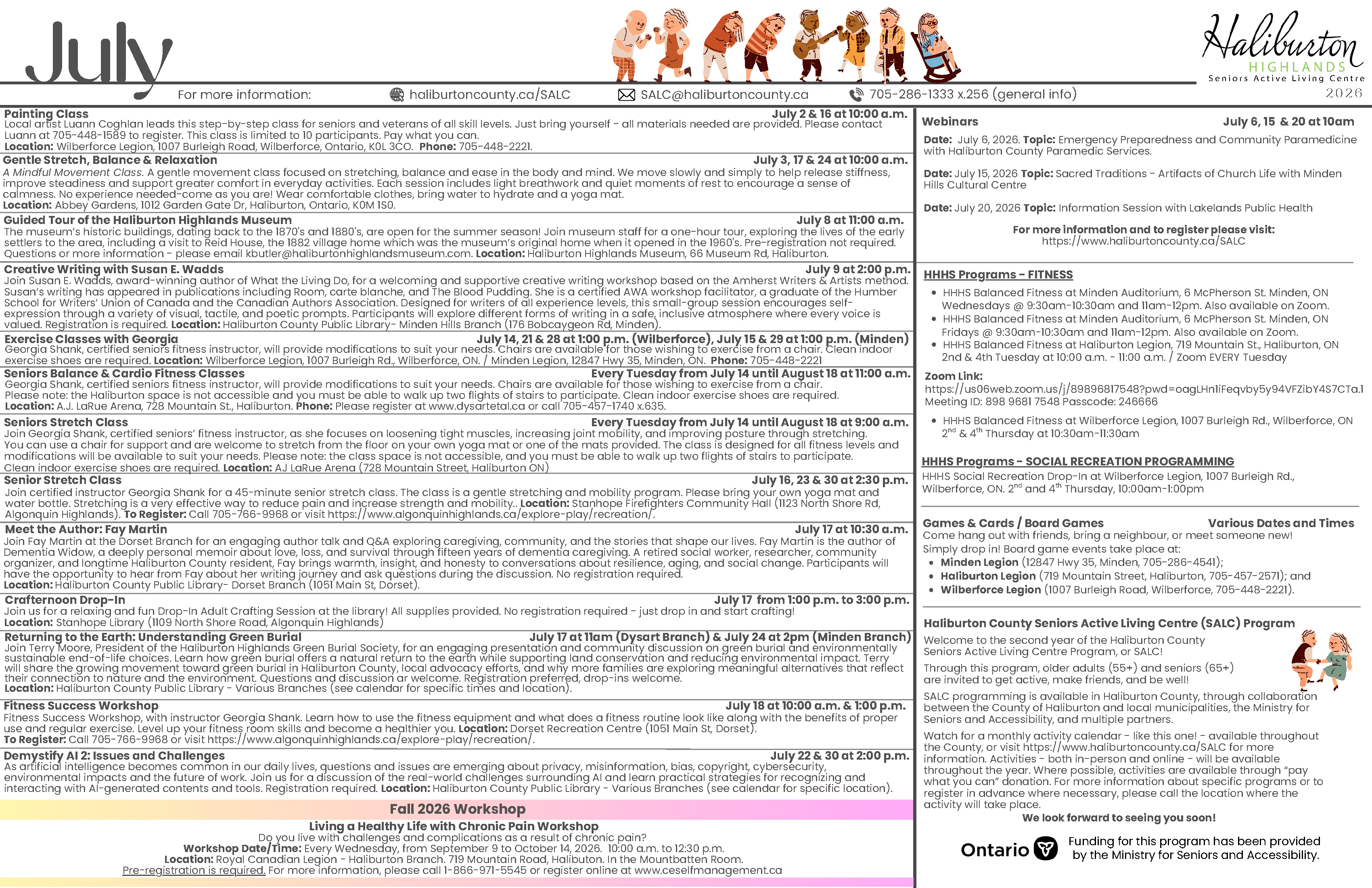 July 2026 Seniors Active Living Centre calendar. A downloadable version is available on this page. For another accessible version, please contact accessibility@haliburtoncounty.ca