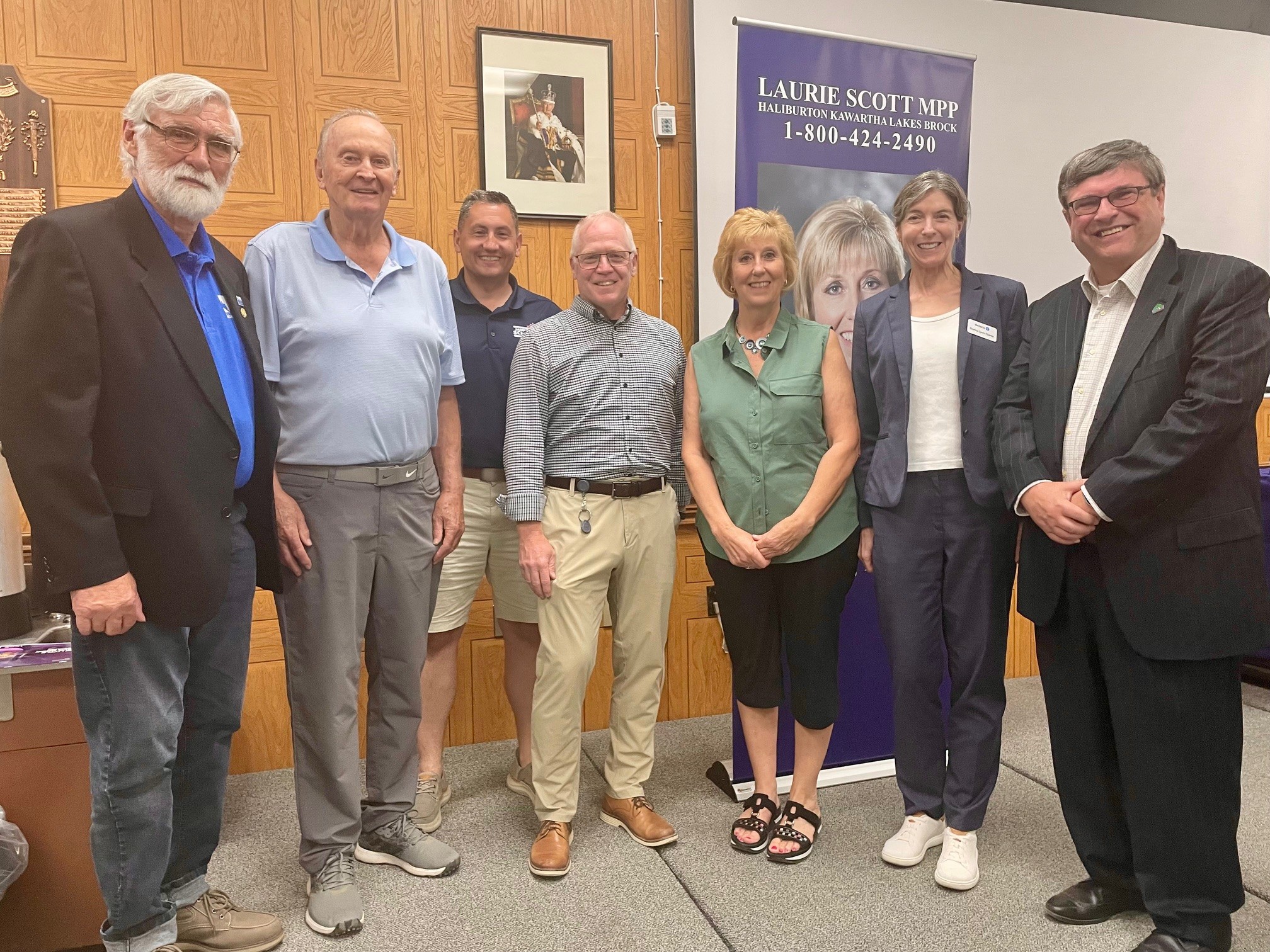 Officials attending the 2025 SALC Launch (l-r): County Council members Cec Ryall and Walt McKechnie, Member of Parliament Jamie Schmale, Haliburton County CAO Gary Dyke, Member of Provincial Parliament Laurie Scott, Regional Development Advisor Donna Lynn Clarke, and County Council member Bob Carter.