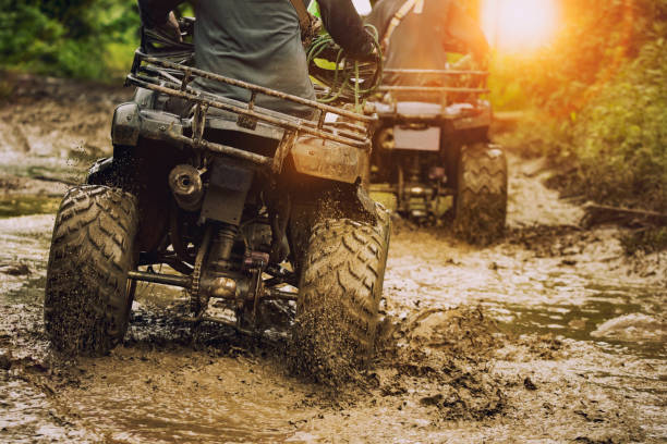 the rear view of two atv's on a muddy trail