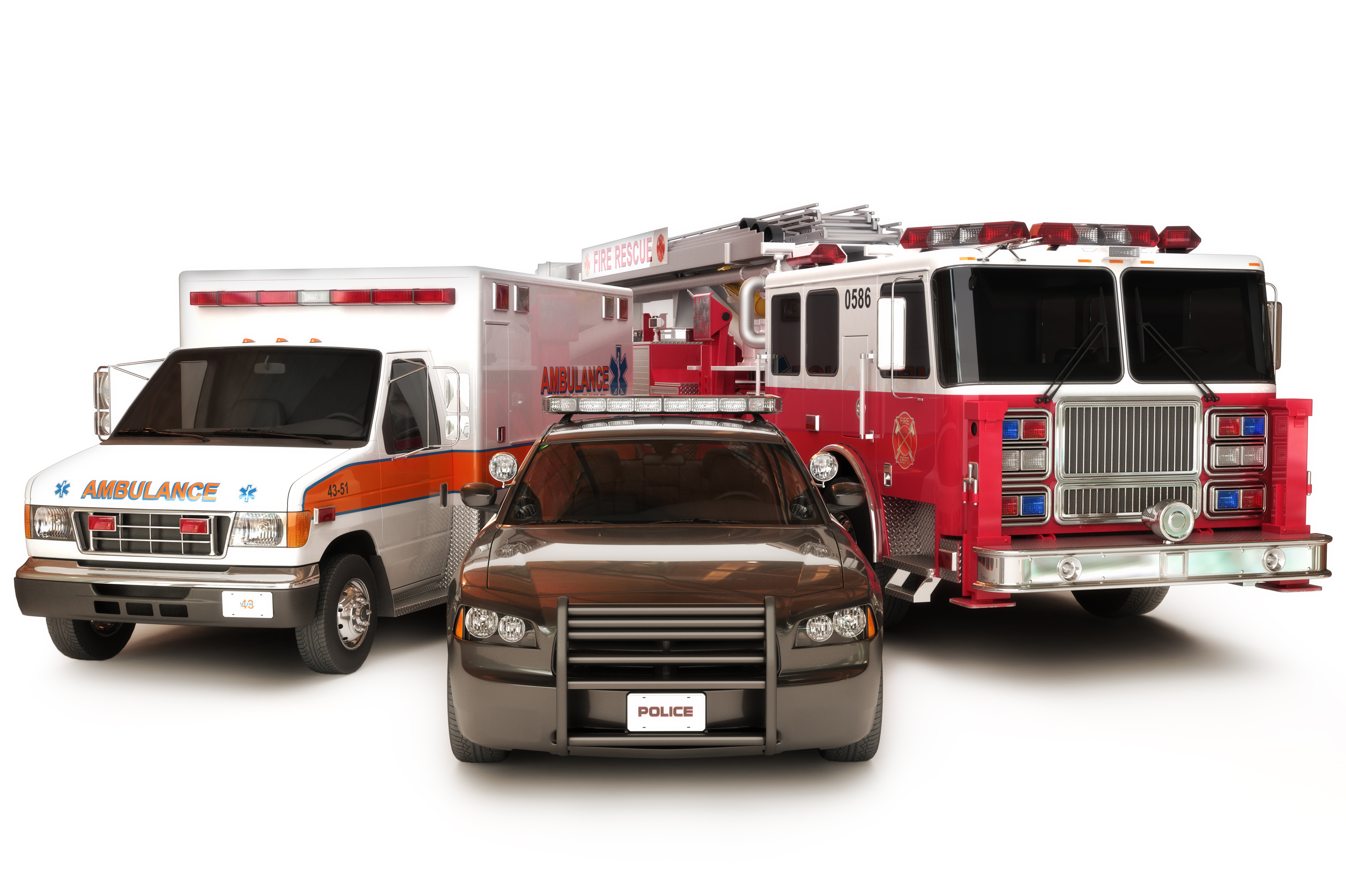 An image of an ambulance, police vehicle and fire truck