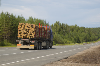 Logging truck driving on paved road