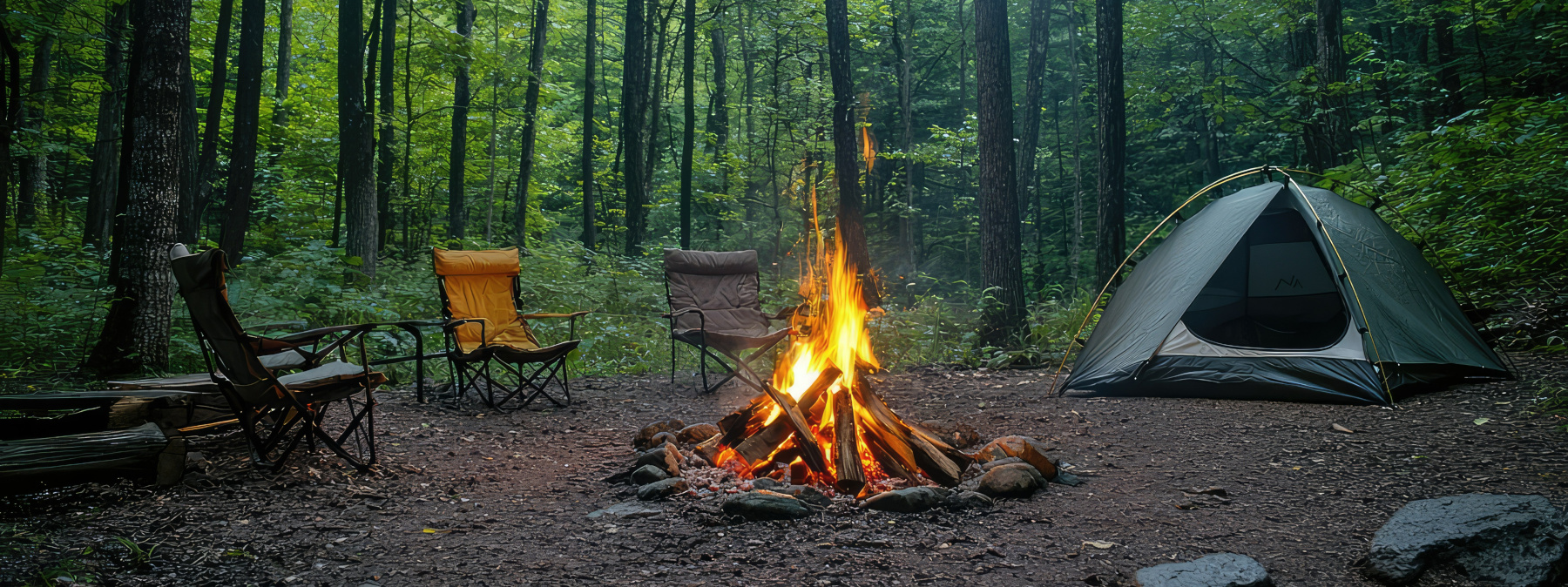a campfire and several empty camping chairs
