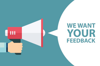 megaphone and the words "We want your feedback"
