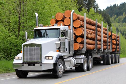 A logging truck with a full load of logs driving along a tree lined road